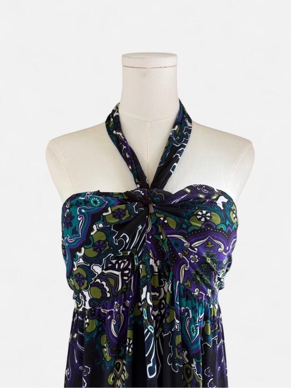 Halter Boho Maxi Dress with Purple & Teal Paisley Print